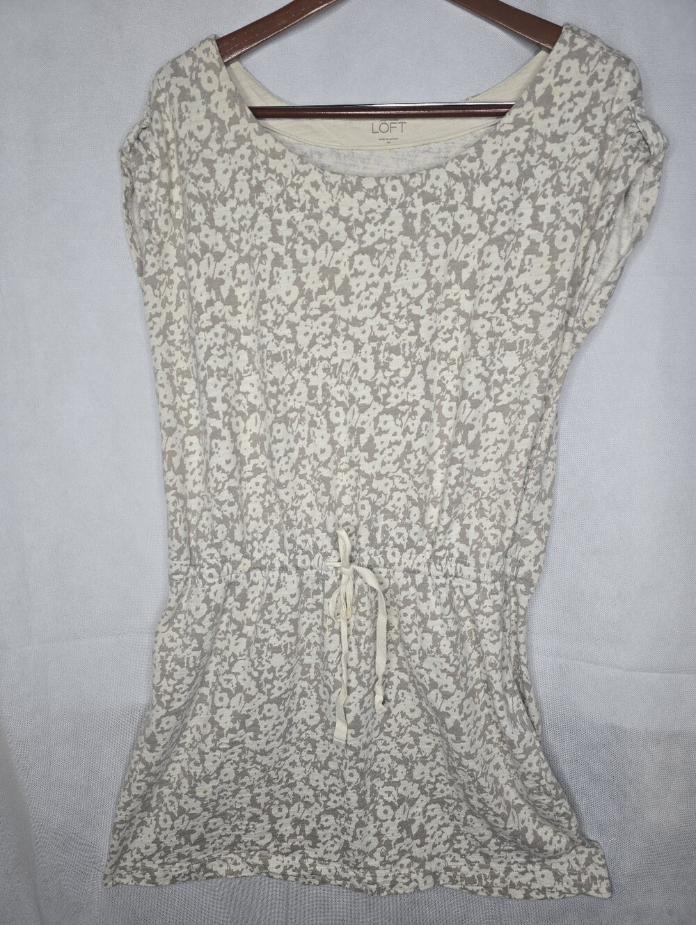 LOFT Knit Dress Ivory Gray Abstract Print Drawstring Waist Rolled Short Sleeve M